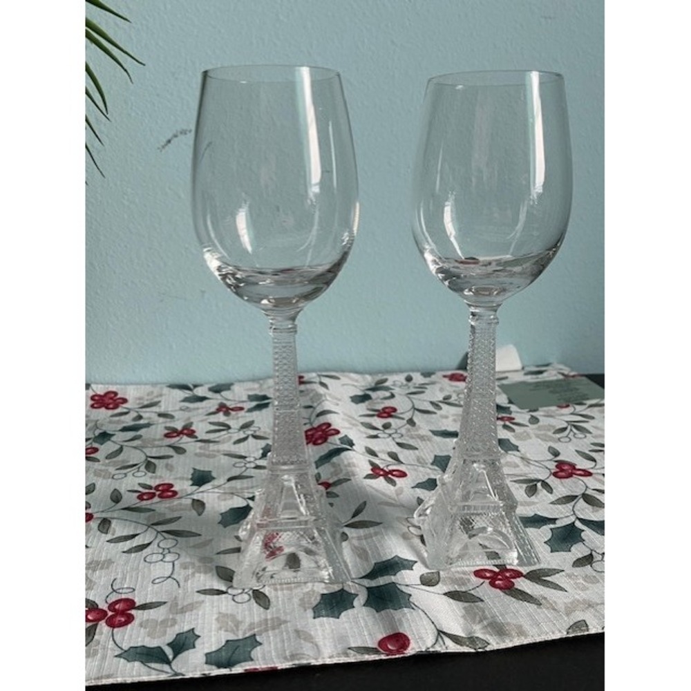 Holliday Cheer with Eiffel Tower Stem Wine Glass Goblet 9.5" Excellent COND
